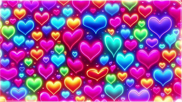 Background with neon hearts for Valentine's Day. Beautiful bright hearts are enlarged.