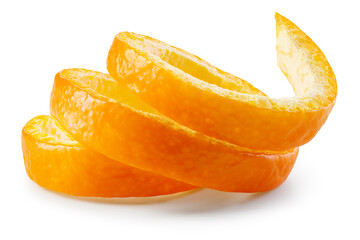 Orange twisted peel isolated. Orange fruit zest on white background. Citrus zest. Orange with...