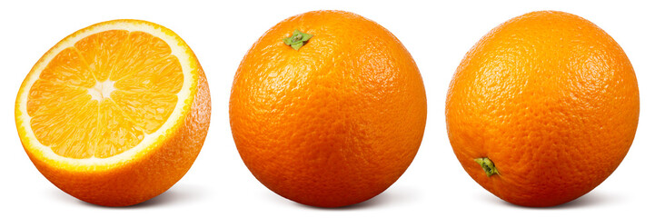Orange isolated on white. Whole orange with a half on white background. Orange fruit collection with slice. Clipping path. Full depth of field. - 724642124