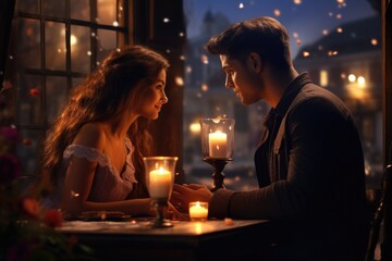 Obraz na płótnie Canvas guy and girl on a date, romantic dinner
