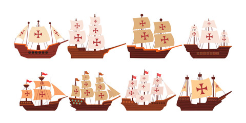 Set of Columbus boat set collection, for Happy Columbus Day Greeting card with sailing ship and waves, Ocean Voyage: Exploring the Maritime Industry on a Nautical Vessel, a maritime journey cartoon.