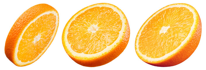 Orange slice isolated on white. Orange round slices on white background. Orang fruit collection with clipping path. Full depth of field. - 724642169