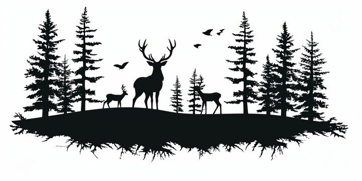 Black silhouette of deer family with baby and forest fir trees wildlife adventure hunting camping landscape panorama illustration icon  for logo, isolated on white background, Generative AI