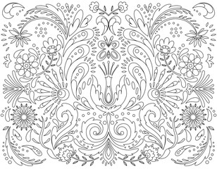 Mexican flower traditional pattern background in coloring style. Ethnic embroidery decoration ornament. Flower symmetry texture. Festive mexican floral motif. illustration