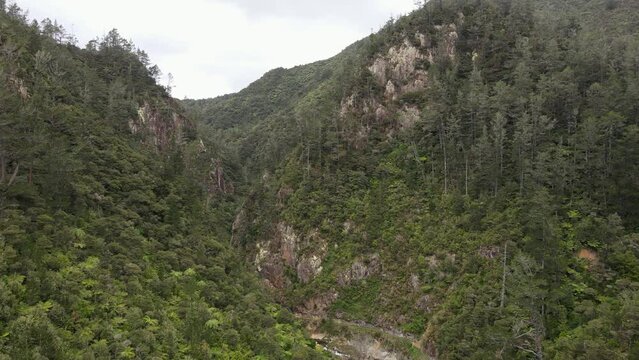 Drone video of Karangahake Gorge region that combines gold mining history and natural beauty. Hiking routes in New Zealand.