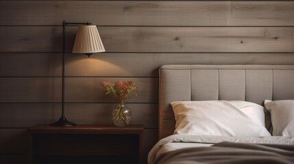 Stylish interior of bedroom. Bed with pillows, lamp on the bedside table against the background of a wooden wall