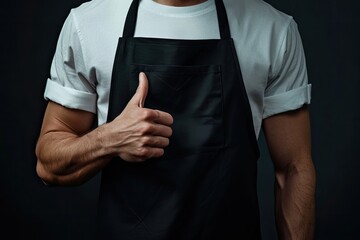 A powerful man in a black apron points towards the apron s center Implies chef or waiter Background...