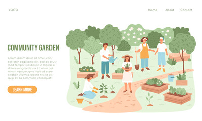 Community garden banner with people farming, enjoying time and communicate. Public farm in town. Young and adult men and women. Spring and summer ecology activity. Vector illustration.