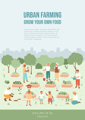 Urban farming concept. Community garden in the city. Flyer with people engaged in agriculture together. Beds with green bushes, flower. Men, women and children communicate  in public farm.