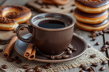 A variety of aromatic black coffee grains on a table with a beautiful cup cinnamon sticks and a delicious donut on wood