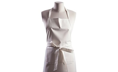 A white apron with a belt is alone on a white surface A blank canvas for a mannequin