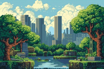 pixel art 16 bit style retro video game background - obrazy, fototapety, plakaty