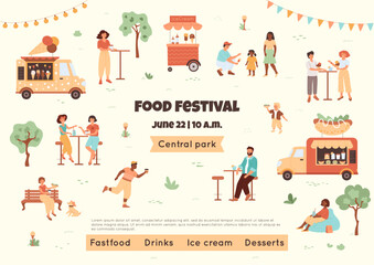 Food festival illustration with people and truck of drinks, ice cream, hotdog. Multicultural young men, women and children resting in public park. Fair placard with text template. Vector banner