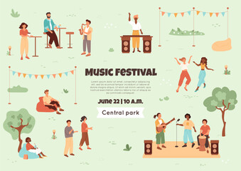 Music festival illustration with people resting in public park and listening to music band, saxophonist, dj. Young women dancing, man at bar table. Fair placard with text template. Vector banner