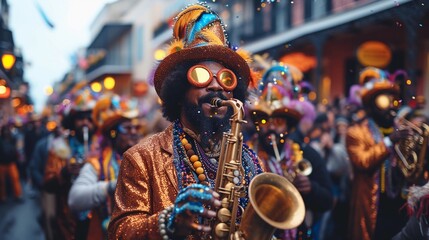 Vibrant Mardi Gras street parade. Jazz musicians in costumes and masks. Historic French Quarter buildings in background. Jazz Appreciation Month. AI Generative