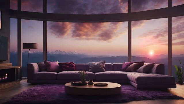 background loop animation, stream overlay, cozy lo-fi living room with fireplace at sunrise, vtuber streamer asset twitch zoom screen, live wallpaper. anime chill hip hop video. purple colours.