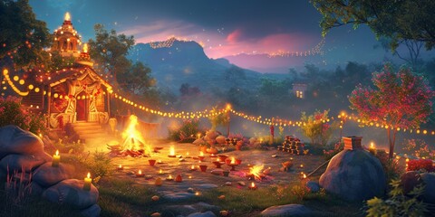 A Diwali background capturing the essence of a village celebration with bonfires and folk art. - obrazy, fototapety, plakaty