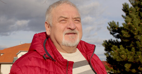 Portrait of a gray-haired man looking into the distance, people life. Blend of wisdom,...
