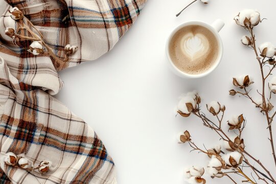 Autumn themed scene with cotton flowers plaid and coffee on a white background