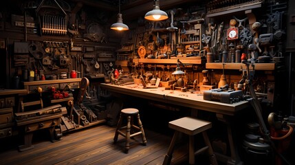 A clean workbench in a carpenter's shop, tools neatly arranged, waiting for the next creation - obrazy, fototapety, plakaty