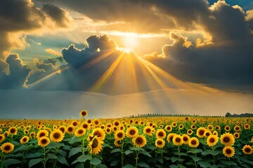 Capturing the Awe-Inspiring Symphony of Sunflowers Dancing Amidst the Serenade of a Sunset Sky