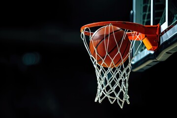 Basketball going through basket close up on black background
