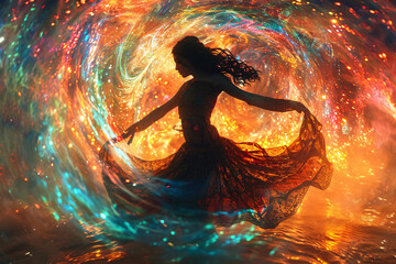 Woman in cosmic swirl with flowing dress