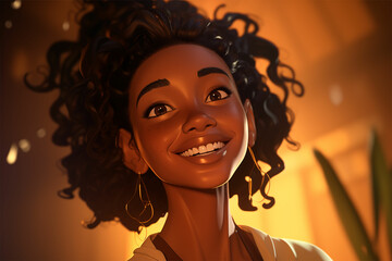 Radiant joy in a cartoon portrait &ndash; an African American woman smiles in the vibrant, unreal engine style with honeycore influences, a blink-and-you-miss-it detail, and a touch of golden light.