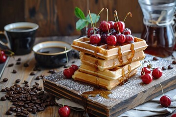 Belgian waffles with honey powdered sugar and cherries atop a wooden desk with a napkin placed on a wooden background Glass jar of coffee beans accompanied by