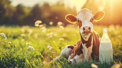 A well-groomed cow on green meadow on a sunny day. Organic dairy products concept. Agricultural landscape. Generative AI