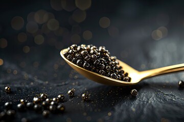 Beluga caviar on black background with golden spoon in close up