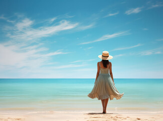 Fototapeta na wymiar Serene Vacation: A Young Asian Woman Standing on a White Sandy Beach, Enjoying the Blue Ocean Waves and the Warm Sun on a Sunny Summer Day
