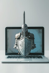 medieval knight in armor with a sword and shield in comes out of the laptop screen , creative cyber security concept