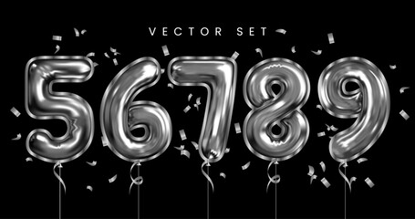 Set of silver isolated numbers. silver metallic letter. Bright metallic 3D, realistic vector illustration
