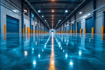 Fotobehang Glossy floor in a warehouse with blue doors and yellow pillars under bright lights © agnes