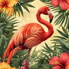 A seamless tropical pattern featuring a flamingo, palms, and hibiscus in vibrant colors, ideal for summer designs.
