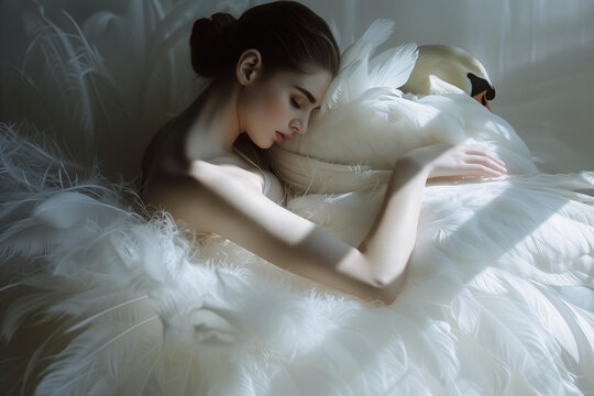 prima ballerina in a white tutu hugs a white swan. dramatic artistic portrait