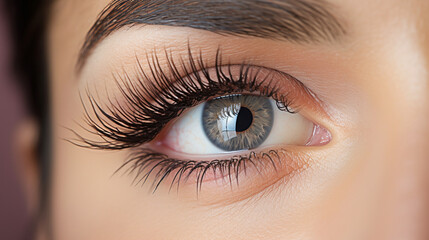 Obraz premium Eyelash Extension Procedure. Close-up of an eye with long and thick eyelashes, eyes visage. Woman eye with long false eyelashes. Cosmetics&nbsp;and&nbsp;make-up