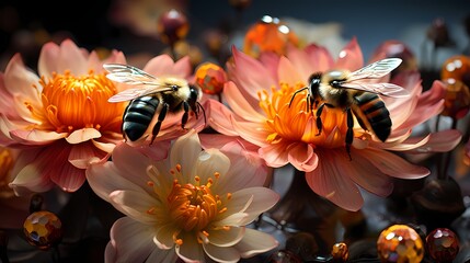 A close-up of a bee collecting nectar from a colorful array of flowers - obrazy, fototapety, plakaty