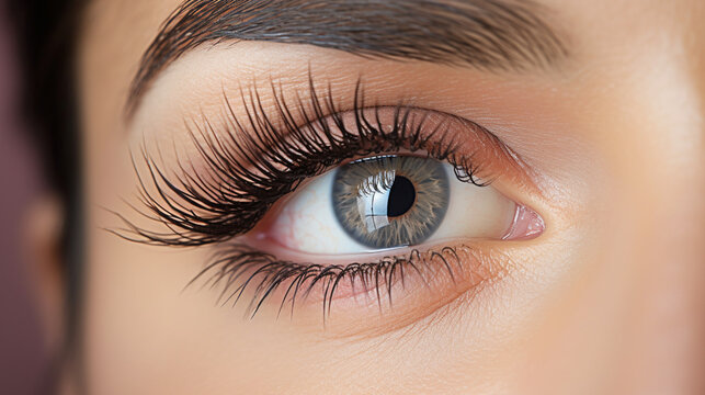Eyelash Extension Procedure. Close-up of an eye with long and thick eyelashes, eyes visage. Woman eye with long false eyelashes. Cosmetics&nbsp;and&nbsp;make-up