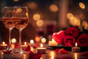 
two campange glasses on a table. fancy restuarant. At the blurred background there are candles,roses bouquet, heart shaped red balloons and confetti. festive atmosphere of valentines day . Valentine’
