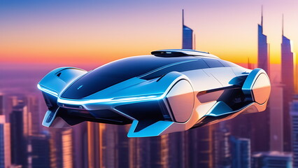 Futuristic driverless car at sunset in the city