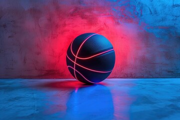 Blue and red neon background with basketball ball on concrete wall texture for product display or mockup
