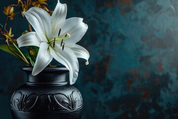 Black vase containing white lily in a burial urn - obrazy, fototapety, plakaty