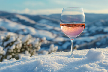 Glass of rose wine on snow with winter landscape backdrop