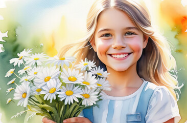 Smiling little girl holding a bouquet of daisies. Watercolor Illustration
