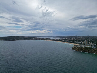 Aerial view of a cloudy sky over Manly Beach, Manly, NSW, Australia