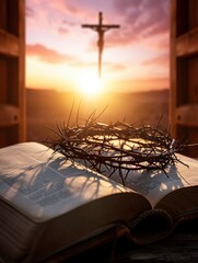 Christian Cross and open book with crown of thorns with Doors background sunset view. Palm Sunday concept, copy space - generative ai