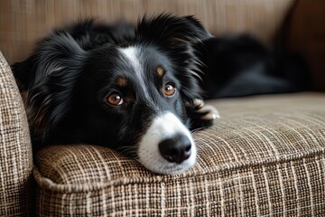 Border collie resting on a couch part of storytelling concept about pets