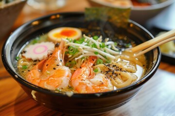 Bowl with seafood ramen from Japan